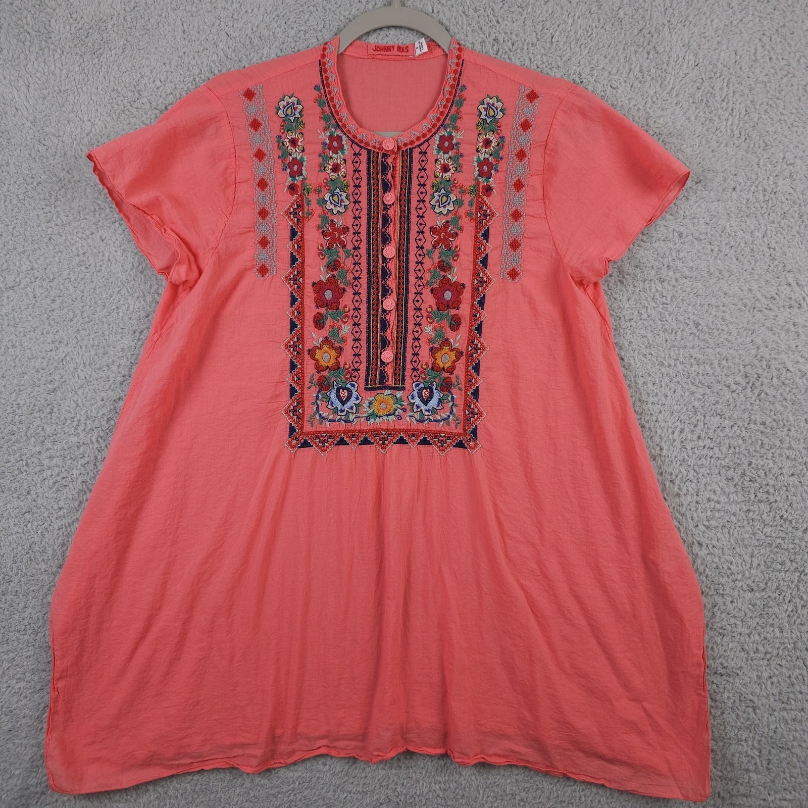 Johnny Was Tunic Top Womens Small Pink Liesse Embroidered Boho Floral Button Top